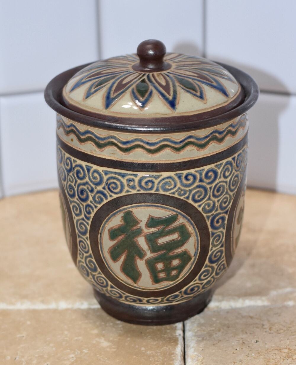 Chinese Celadon-Glazed Stoneware Vessel Temple Jar with Lid Signed SEKIN